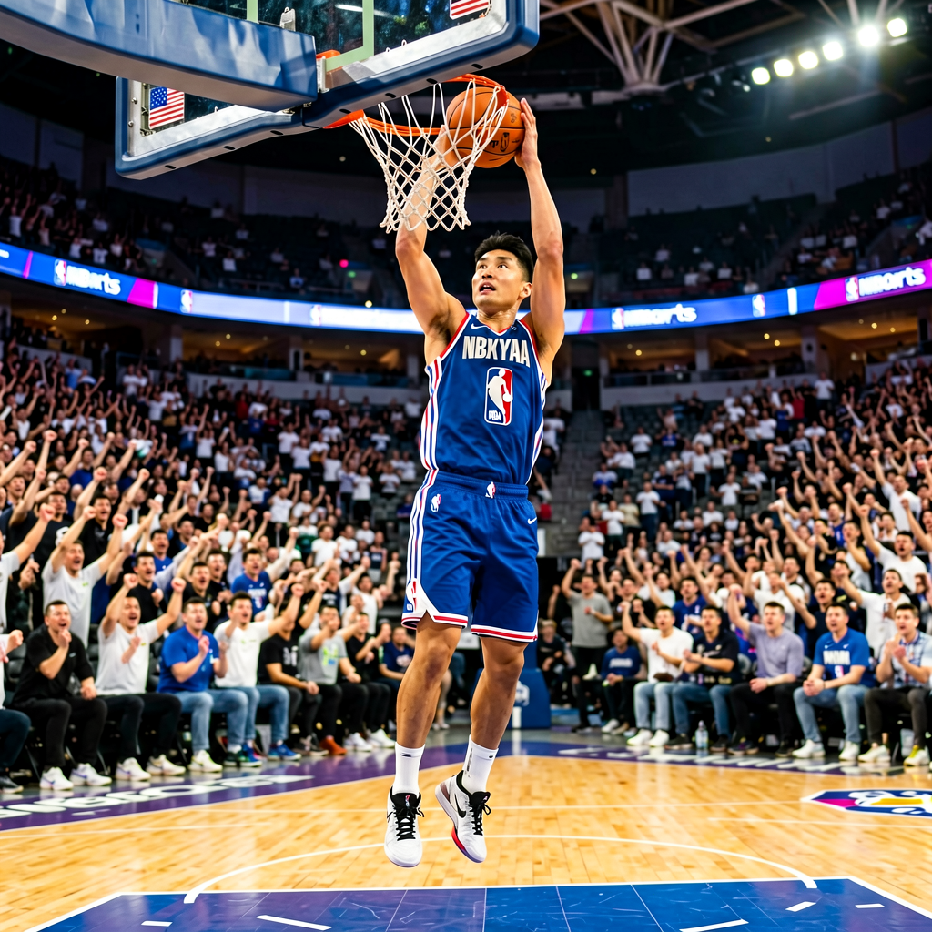 篮球赛事中心：NBA职业篮球比赛中球员扣篮瞬间，球馆内观众欢呼